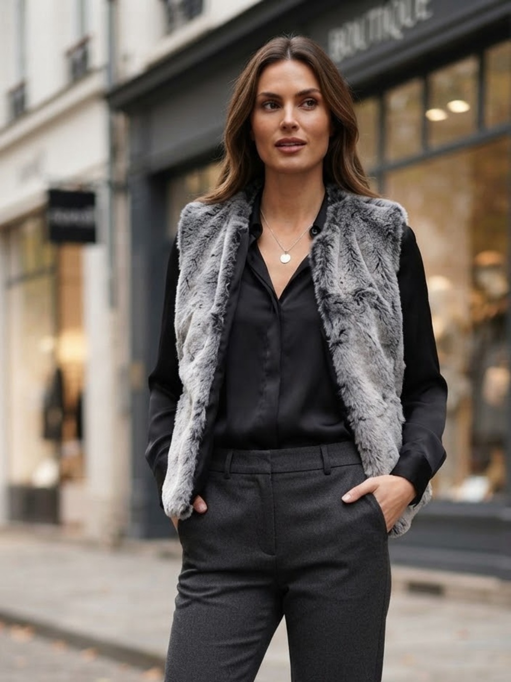 Surell Women's Charcoal Faux Fur Vest